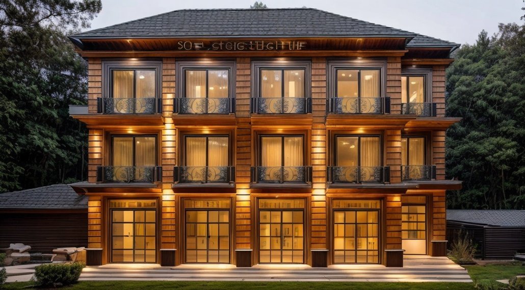 Render of a three-storey house with timber cladding lit at night